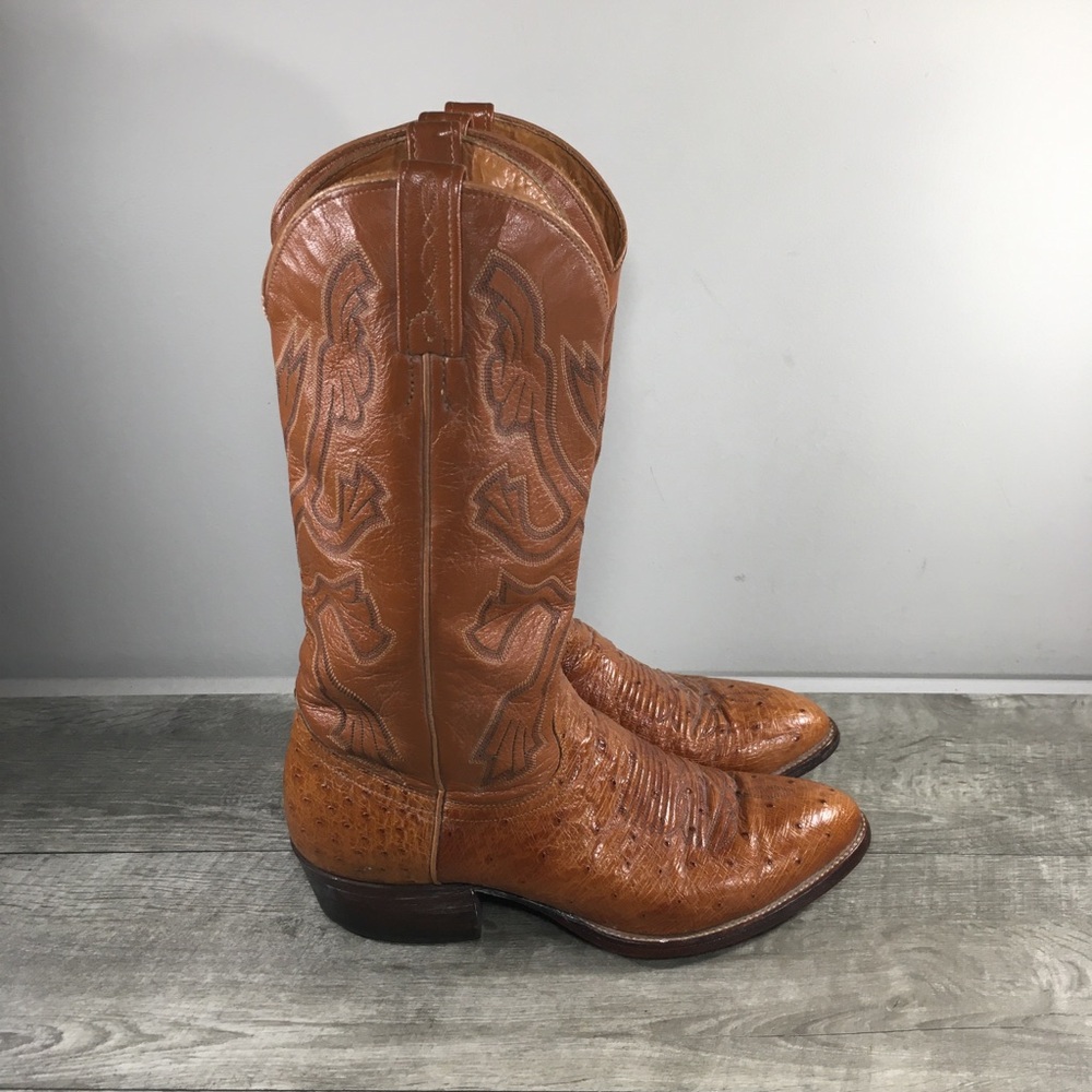 J. Chisholm Ostrich Leather Cowboy Western Men's Cognac Pull On Boots Size 9 D